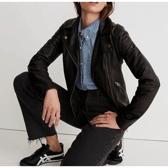 Madewell Womens Black Washed Leather Motorcycle Jacket Medium Edgy Moto Grunge - Picture 13 of 13